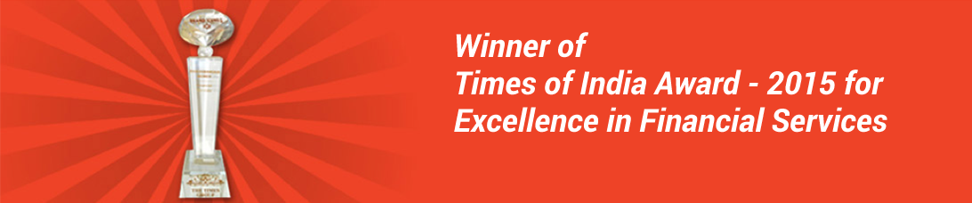 Image of trophy with red background and text – Winner of Times of India Award – 2015 for Excellence Financial Services
