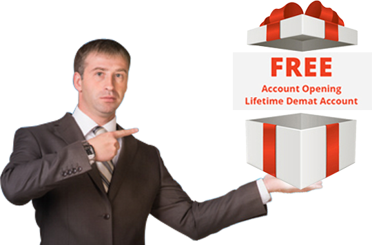 A man holding an opened gift box which shows Free Account Opening & Lifetime Demat Account