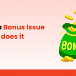 What is a Bonus Issue and how does it work?' featuring a green money bag labeled 'BONUS' with gold coins around it, set against a red and pink gradient background."