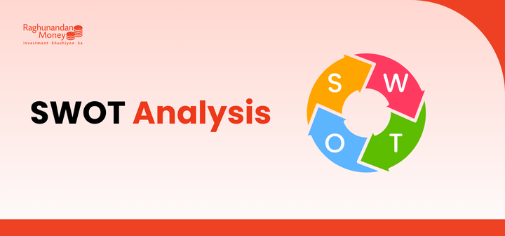 SWOT Analysis banner featuring the Raghunandan Money logo, bold black and red text, and a colorful circular SWOT diagram representing Strengths, Weaknesses, Opportunities, and Threats.