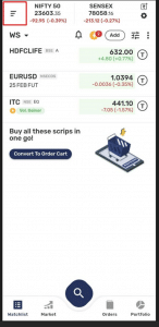 Mobile trading app interface showing a watchlist with market indices NIFTY 50 and SENSEX at the top. Stocks listed include HDFCLIFE, EURUSD, and ITC with real-time price updates. A notification bell, 'Add' button, and menu icon are visible. The screen prompts users to 'Buy all these scrips in one go!' with a 'Convert to Order Cart' button. Navigation tabs at the bottom include Watchlist, Market, Orders, and Portfolio. A hamburger menu icon in the top-left corner is highlighted with a red box
