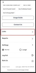 Mobile app sidebar menu showing various options including quick help topics like 'How To Add Scrips To Watch List?', 'How To Trade?', 'How To Transfer Funds?', 'How To Withdraw Funds?', and 'How To Change Mpin?'. Below these are buttons for 'Usage Guide' and 'Contact Us'. The 'Links' section is highlighted with a red box. Other options include 'Reports', 'Settings' (with font size options: Normal and Large), 'Log Out', and 'Rate Us'. Footer displays app version 1.0.2.0 and last login timestamp as 2025-Feb-06 17:09:08, with attribution to 63 moons technologies limited
