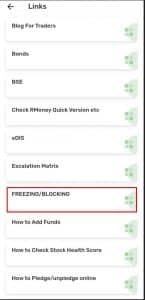 Mobile app screen titled 'Links' displaying a list of options: Blog For Traders, Bonds, BSE, Check RMoney Quick Version etc, eDIS, Escalation Matrix, FREEZING/BLOCKING (highlighted with a red box), How to Add Funds, How to Check Stock Health Score, and How to Pledge/unpledge online. Each item is accompanied by a green icon on the right