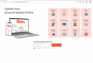 Webpage titled 'Update Your Account Details Online' from RMoney Quick. On the left is an image of a smartphone and a laptop showing the RMoney Quick login screen. On the right are clickable options in red-bordered boxes: Account Restart, Profile, Annual Income, Address, Account Closure, Bank Details, Nominee Details, Trading Segment, Freeze Account, Email id, Mobile Number, and MTF. Below these options is a text field asking for the 'Registered Client Code' with a button labeled 'Verify with OTP' and a checkbox indicating agreement to terms and privacy policy