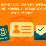 Documents Required to Open an Offline Individual Demat Account with RMoney – Orange Banner with ID and Verification Icons
